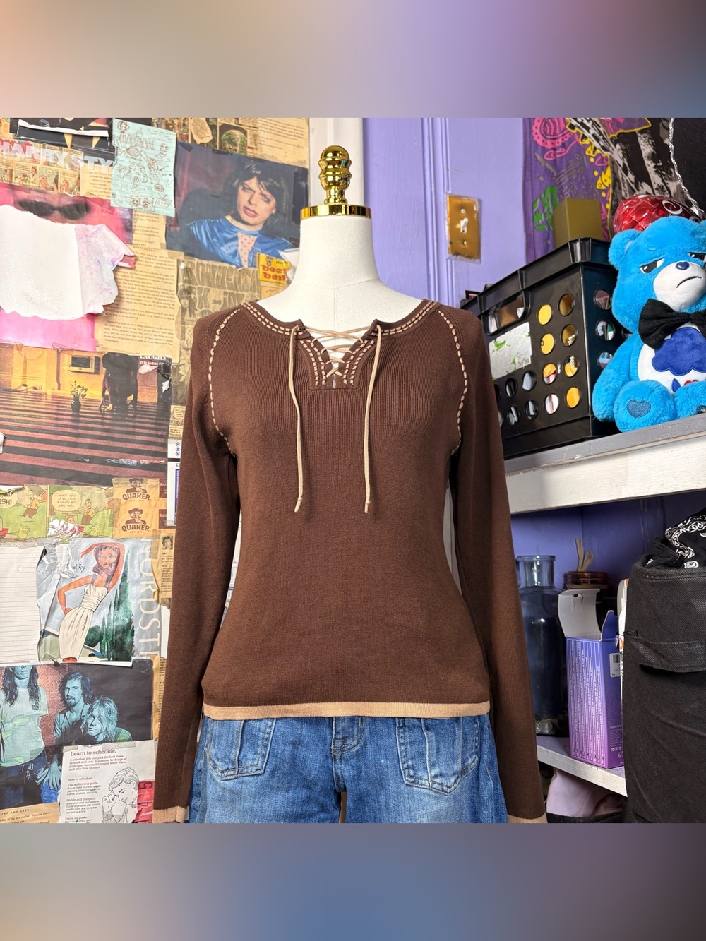 Y2K Brown Lace-Up Knit Top